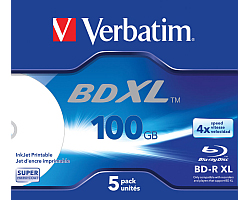 Blu-Ray Verbatim BD-R DL XL 4&times; 100GB Wide Inkjet Printable/No ID 5 pack JC