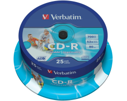 CD-R Verbatim 700MB 52&times; DataLife/Wide Inkjet Printable 25 pack spindle