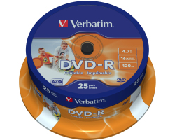 DVD-R Verbatim 4.7GB 16&times; Wide Inkjet Printable 25 pack spindle