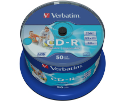 CD-R Verbatim 700MB 52&times; DataLife/Wide Inkjet Printable/No ID 50 pack spindle