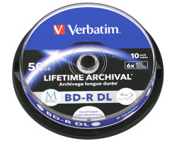 M-Disc Lifetime Archival Verbatim 50GB BD-R DL 6&times; Inkjet Printable 10 pack spindle